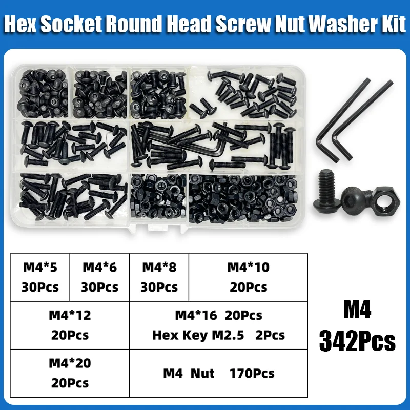 2510p Hex Hexagon Socket Bolkopschroef Kit M2 M2.5 M3 M4 M5 M6 Zwart 10.9 Kwaliteit Inbusschroeven Bouten met Moeren Ring ISO7380
