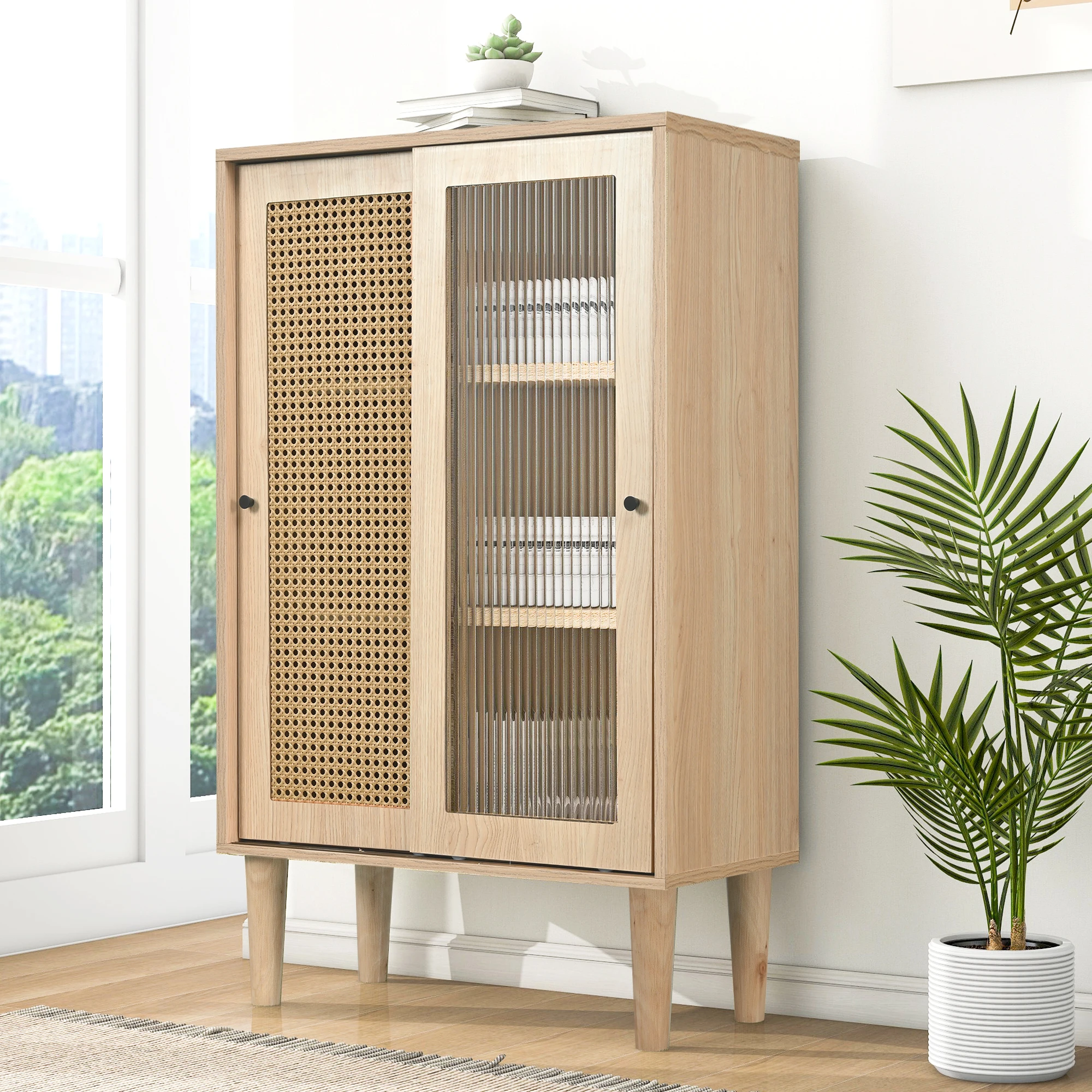 VSOGA 100 cm high wood sideboard with plastic rattan doors and sliding glass doors with 6 compartments behind the doors