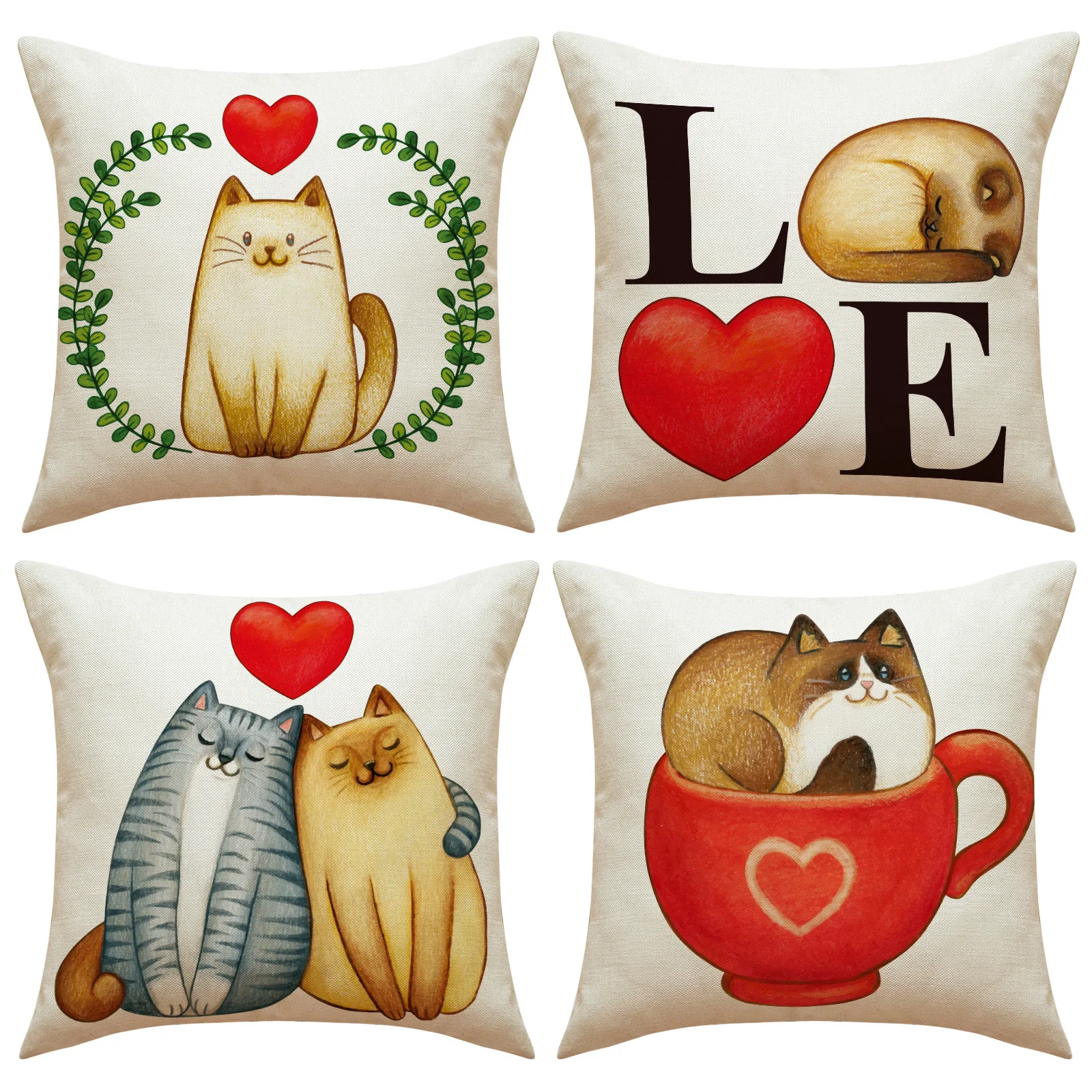 Cartoon Couple Throw Pillow Cover Nordic Linen Breathable Living Room Sofa Pillow Valentine's Day Animal Print Throw Pillow Case