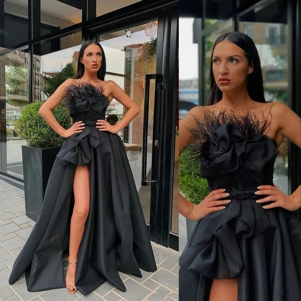 Sexy Black A-line Satin Ball Dress Strapless Backless Feather Side High Slit Pleated Edge Evening dress Customized