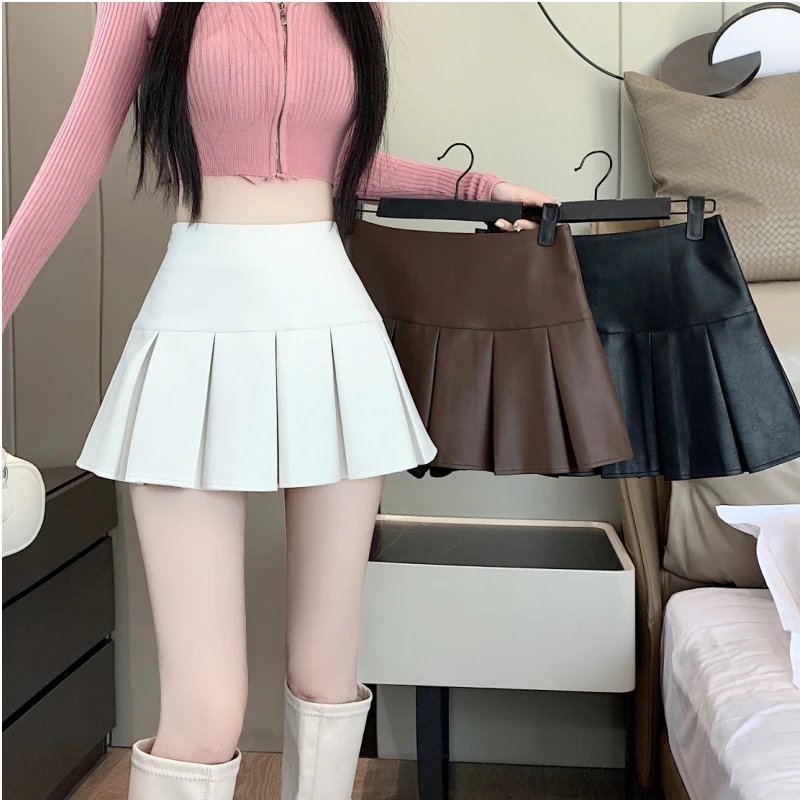 Retro PU Leather Pleated  Skirt High Waist A-Line Versatile Short Skirt for Young Women Commute Korean Style Skin-friendl...
