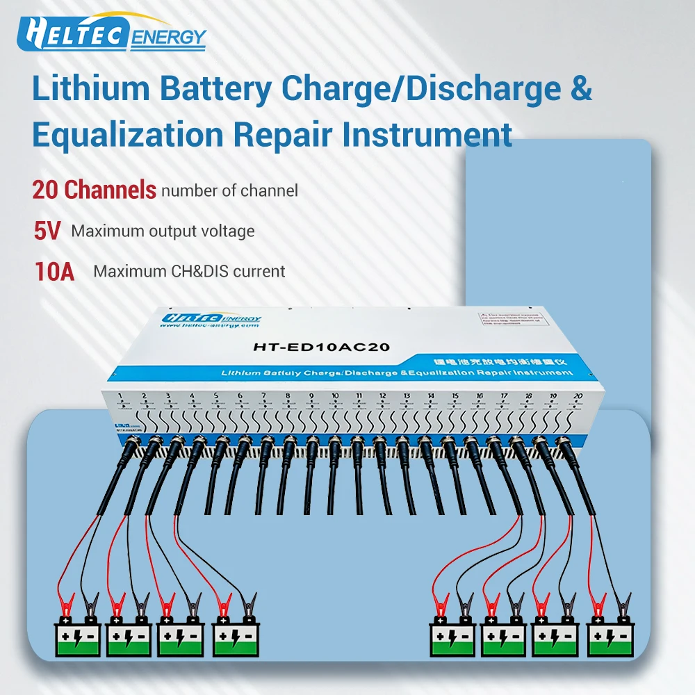 20 Channels Heltec Capacity tester 18650 LiFePO4  Lithium Battery  Equalization Repair Instrument 5V10A Cell Capacity Tester Full Isolation CC/CV/CP/CR Charge Discharge Cycle Battery Pack Maintenance Refurbish Factory Matching Analyzer PC Software Control