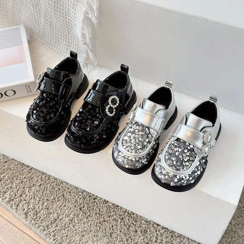 

Bling Fashion Leather Shoes for Kids Girls Sequined Black Silver Rubber Children School Dress Shoes for Party Toddler Shoes Girl