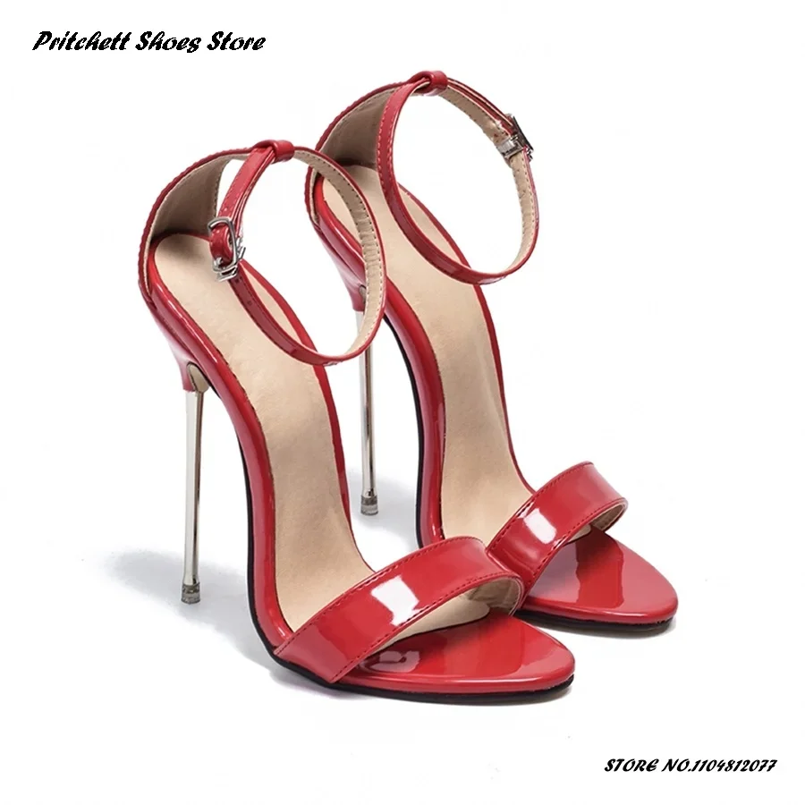 

Женские туфли на шпильке из лакированной кожи на металлическом каблуке, летние современные сандалии на каблуке с пряжкой и ремешком, туфли для вечеринок на тонком каблуке с круглым открытым носком