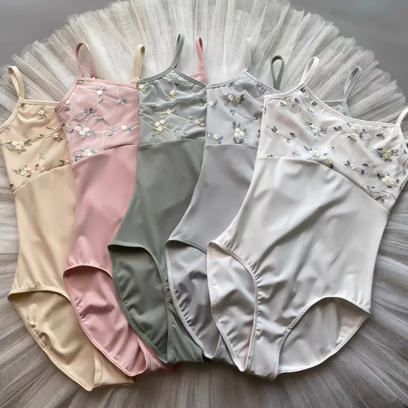 

Women Ballet Dance Leotard Adult Suspenders Gymnastics Bodysuits Chinese Style Embroidered Training Clothes Spliced ​​dance Wear