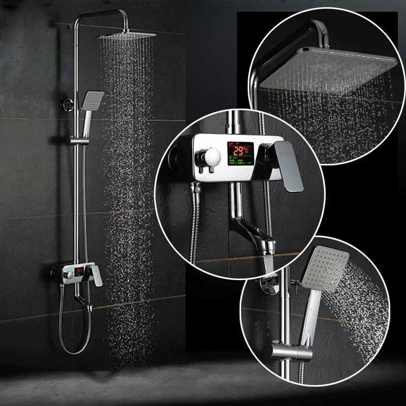 

Luxury Digital Display 8 Inch Rainfall Bath Shower Faucet In Wall Rotation Tub Spout Shower Mixer Set with Handheld Spray