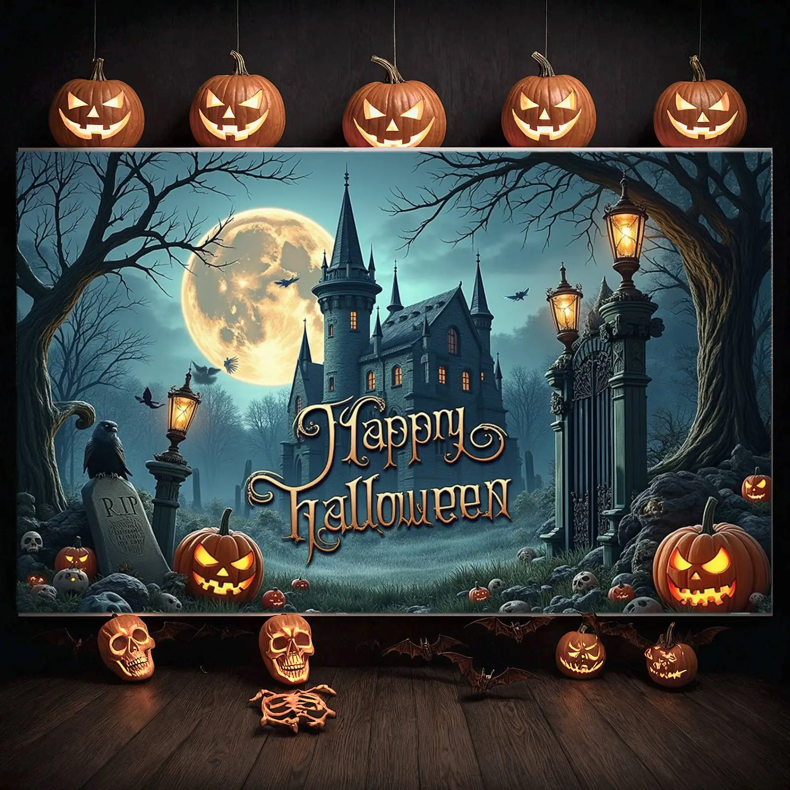 ديكور المنزل المسكون، خلفية القمر البدر، لافتة الهالوين، خلفية الصورة، موضوع قوطي، لافتة الحفلات القوطية لحفلات الحدث المخيف #1