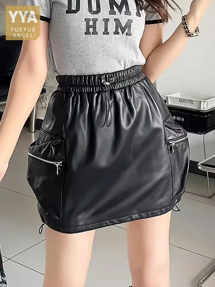 

Women Elastic Waist Zip Pocket A Line Real Sheepskin Genuine Leather Skirt Spring Casual Moto Biker Short Mini Skirts Streetwear