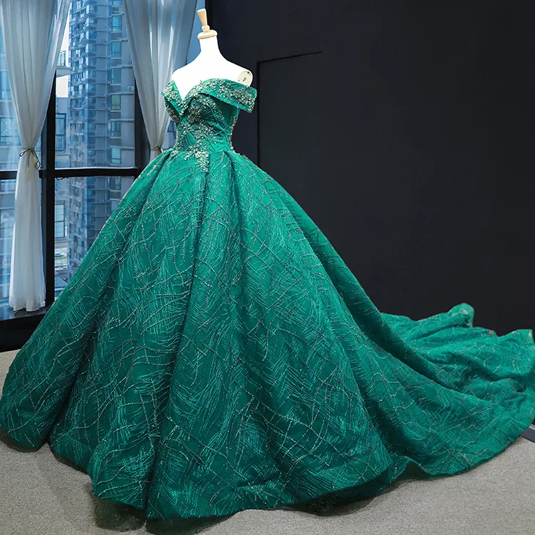 Elegant Women Ball Gown Dress Flower Embroidery Beaded Sequin Formal Evening Party Sexy Wedding Dress Off the Shoulder Trailing