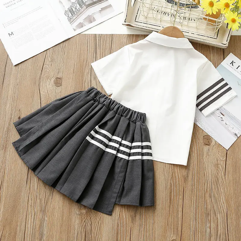 2pcs 2024 spring summer Girls JK SUIT Clothes teenager tie striped t shirt + pleated skirt uniform 4 5 6 7 8 9 10 11 12 years