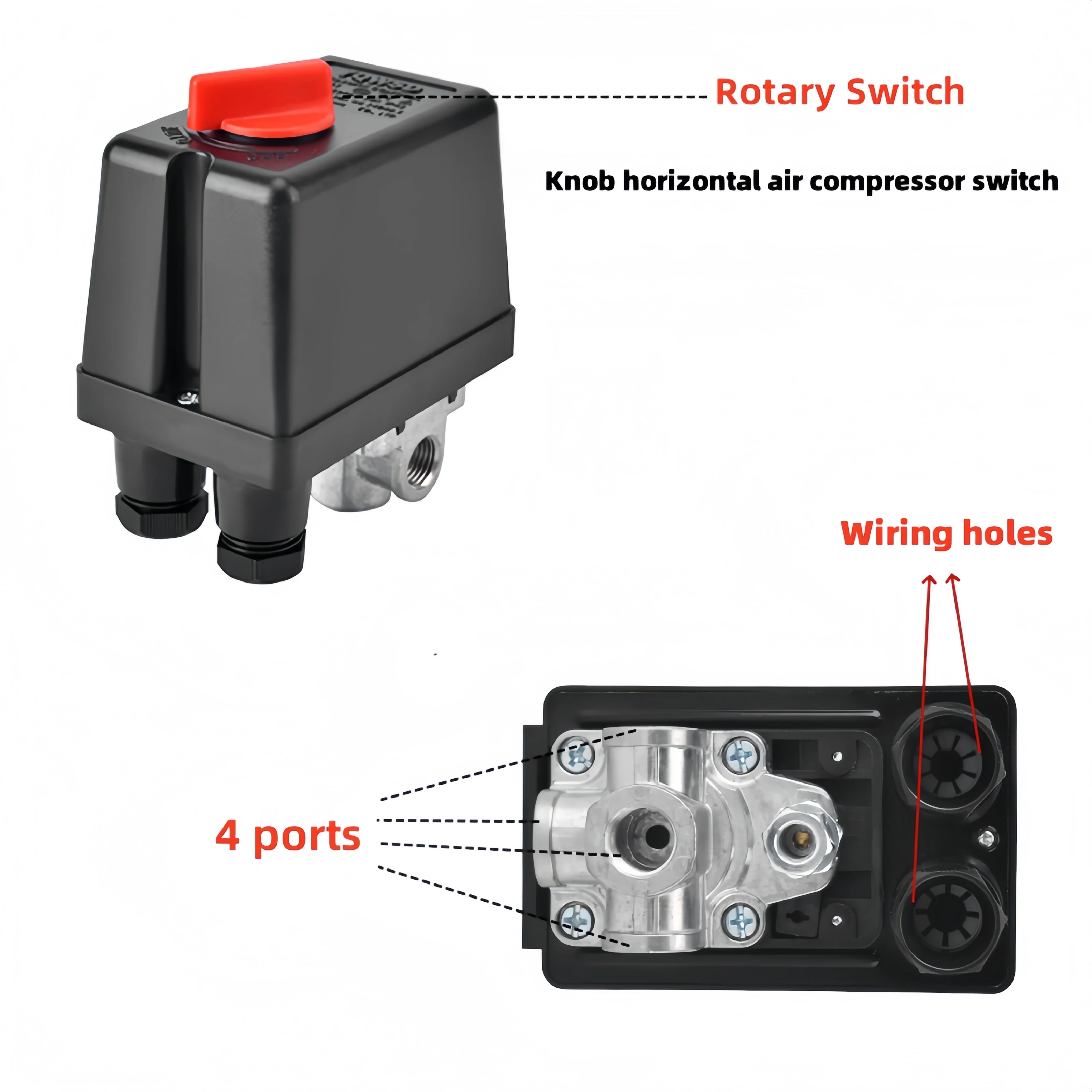 4-Port Horizontal Rotary Switch 6-8bar Air Compressor Accessories Silver Contact Automatic Pressure Control Switch