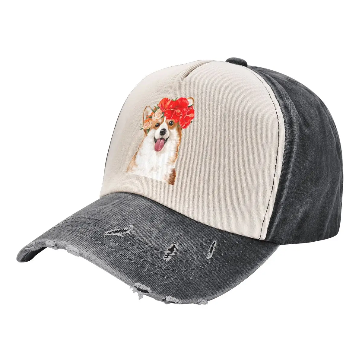 Corgi with Flower Crown in Pink Baseball Cap Military Cap Man Ball Cap Snapback Custom Female Men's