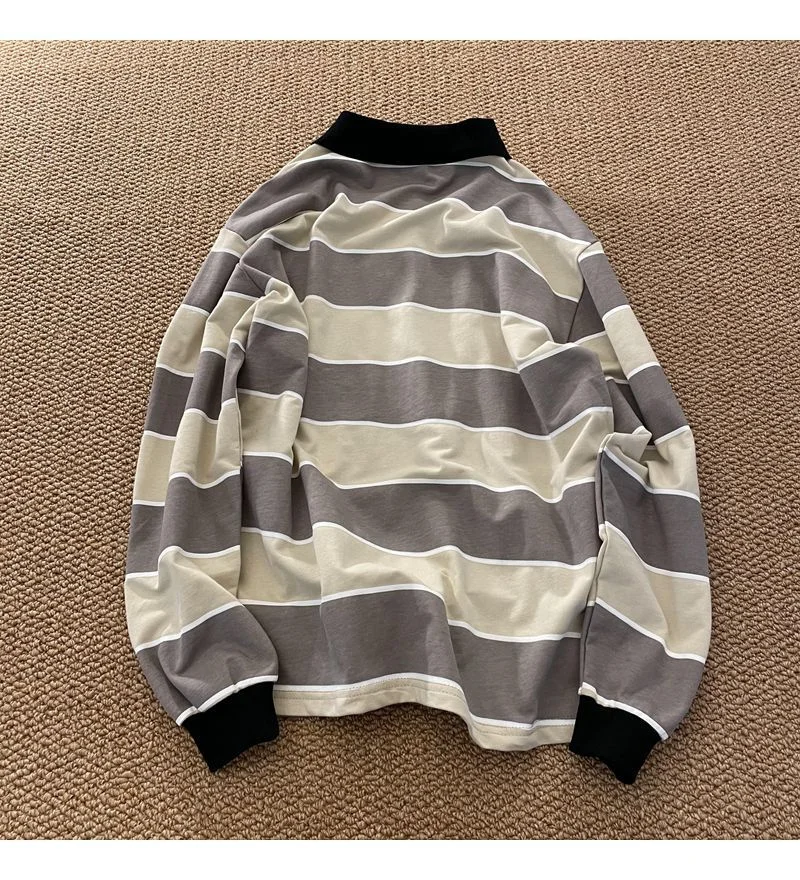 2022 Japan Retro Striped Long-sleeved POLO Shirt Top Men Women Loose Trend Couple BF Lapel Sweatshirt Preppy Hip Hop Cool Shirts