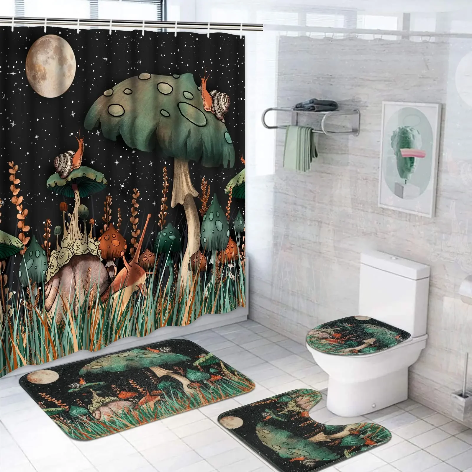 

Mushroom Butterfly Flower Shower Curtain Set Non-Slip Rugs Toilet Lid Cover Bath Mat Moon Stars Waterproof Retro Bathroom Set