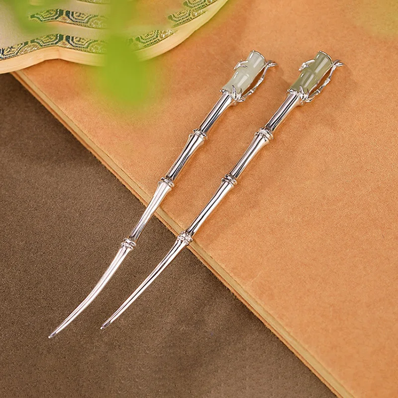 

Natural Hotan Jade bamboo hair jewelry silver 925 Light luxury Chinese style Elegant Glossy tiara Hanfu accessories