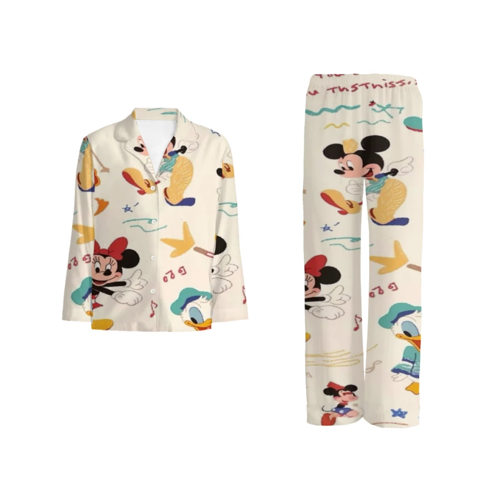 

Mickey Mouse pajama set with buttoned top and elastic waistband pants for men and women.