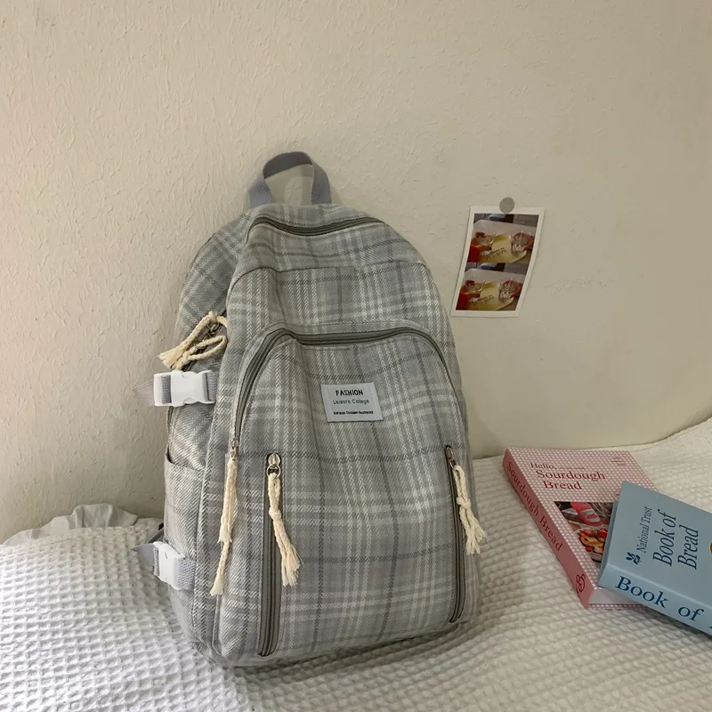 Fashionable Plaid Canvas Female Backpack Student School Bag Backpack Girl School Bag Large Capacity Travel Backpack