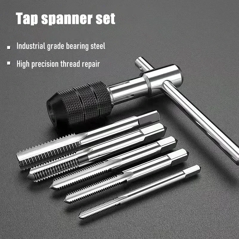 6PCS Thread Drill Bit Manual Tapping Wrench T-shaped Handle Adjustable M3-M8 Set Household Hardware Tool Accessory Combination