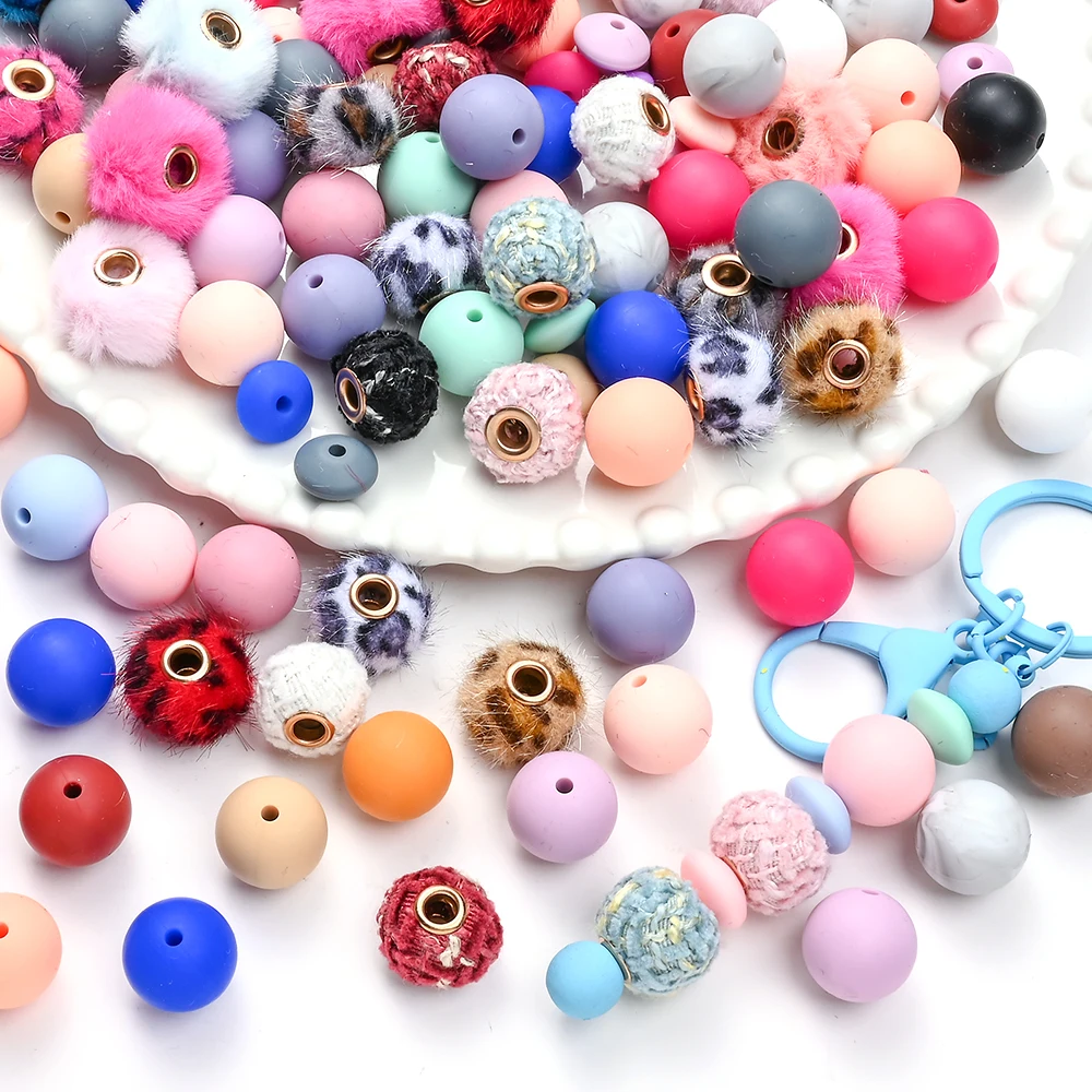 36PCS/Lot Baby Teether Chew Pacifier Clip Chain Accessoies Silico Beads BPA Free Silicone Beads Polyester Fiber Plush Beads