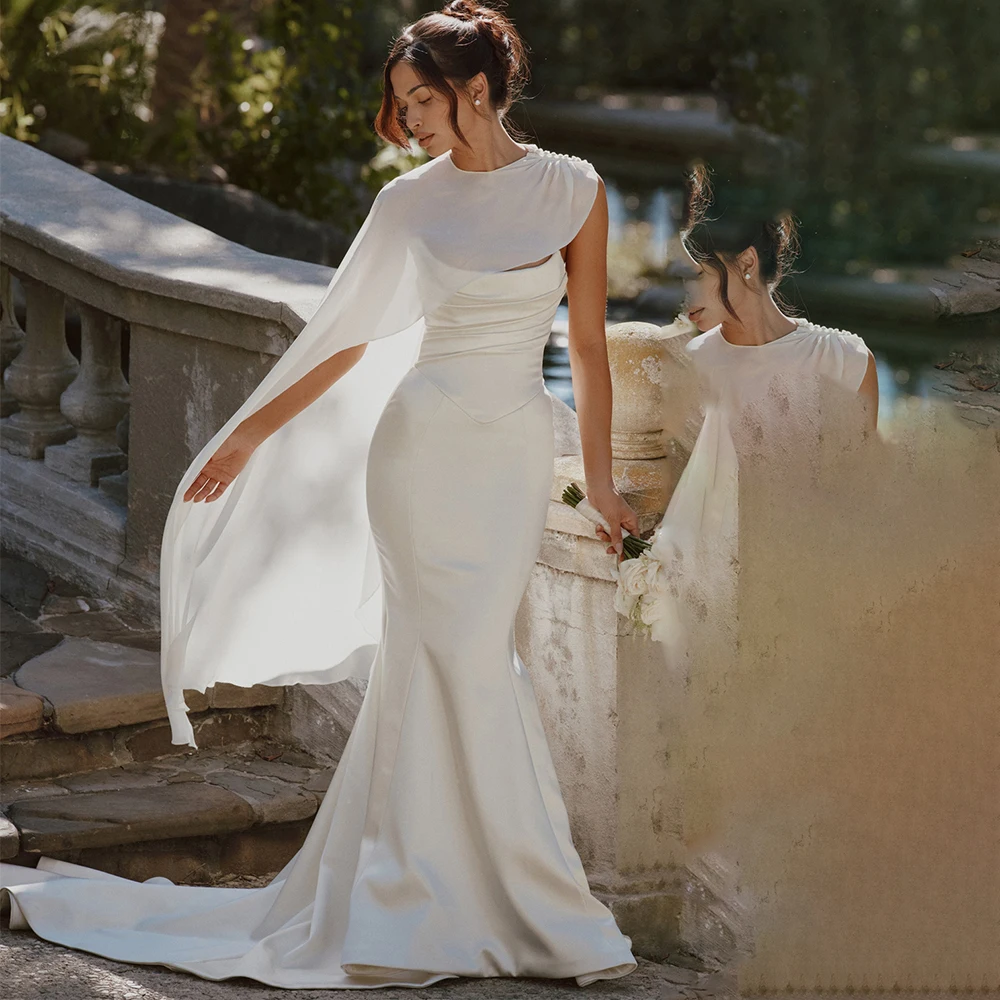 Elegant Mermaid Wedding Dress with Detachable Cape Luxury Bride Gowns Pleated Vestido de Novia Sparkly Trombone Bride Dress 2026