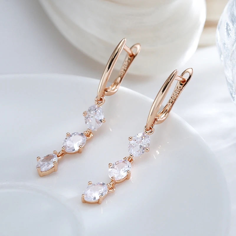 Kinel Hot White Oval Natural Zircon Dangle Earrings 585 Rose Gold Color Wedding Jewelry for Women Party Daily Accessories