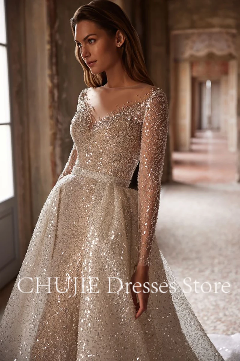 Customized Elegant Beaded Tulle Luxury Wedding Dress 2025 Sweetheart Long Sleeve Tank Top Shining Lace Stickers Bridal Dress