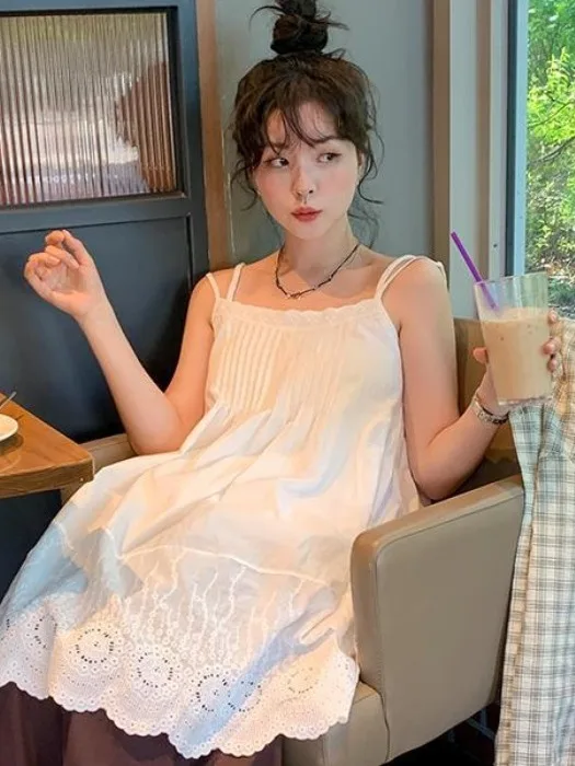 Verão novo branco bordado  vestido f moda fresco estilo em camadas wearable estilo coreano viagem gável saia li...