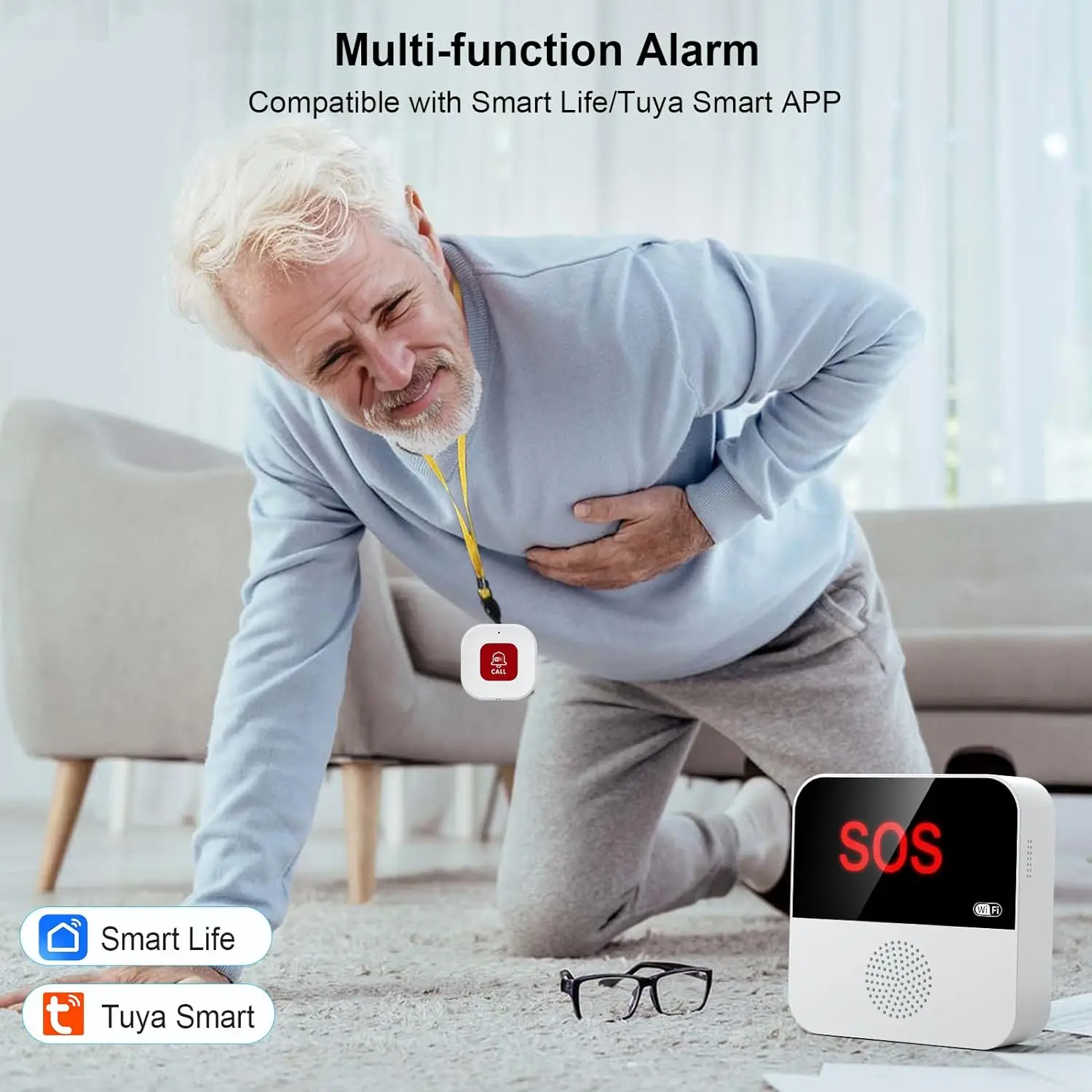 Emergency Call Button for Seniors, Tuya WiFi Alarm System Home, Seniors Emergency Call Receiver x 1 + Call Button x 2, Compatib