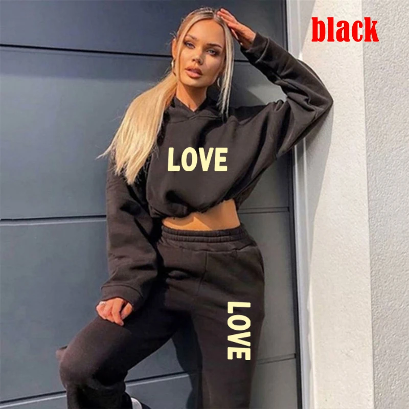 Cute LOVE Letter Print Tracksuit Women Suit Fleece Hoodies Casual Sports Wear Long Sleeved Sweater Trousers Sexy Suit