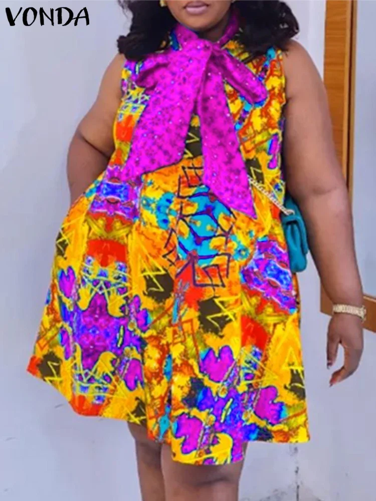 플러스 사이즈 5XL VONDA 여성 미니 드레스 2025 여름 선드레스 보헤미안 프린트 우아한 나비넥타이 캐주얼 민소매 비치 베스티도
