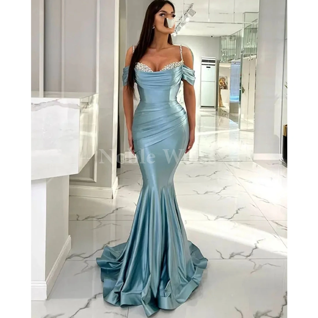 

Satin Mermaid Prom Dress Long Spaghetti Straps Beaded Evening Gown Off Shoulder Party Dress Customize