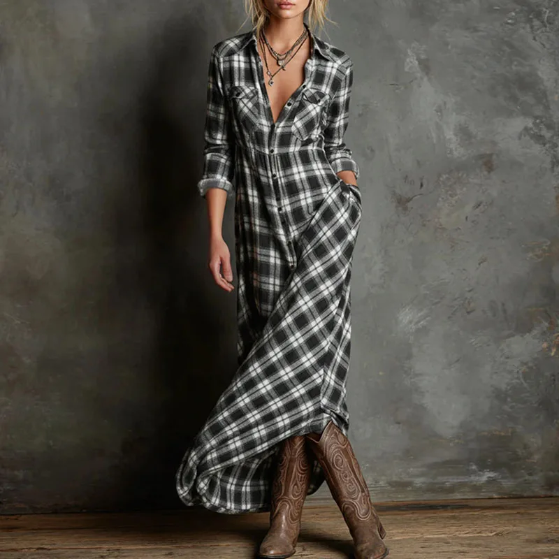 الرجعية منقوشة طباعة زر التلبيب قميص فساتين طويلة امرأة الربيع مثير عالية الخصر جيب فستان الحفلات كم طويل فستان الخريف فضفاض