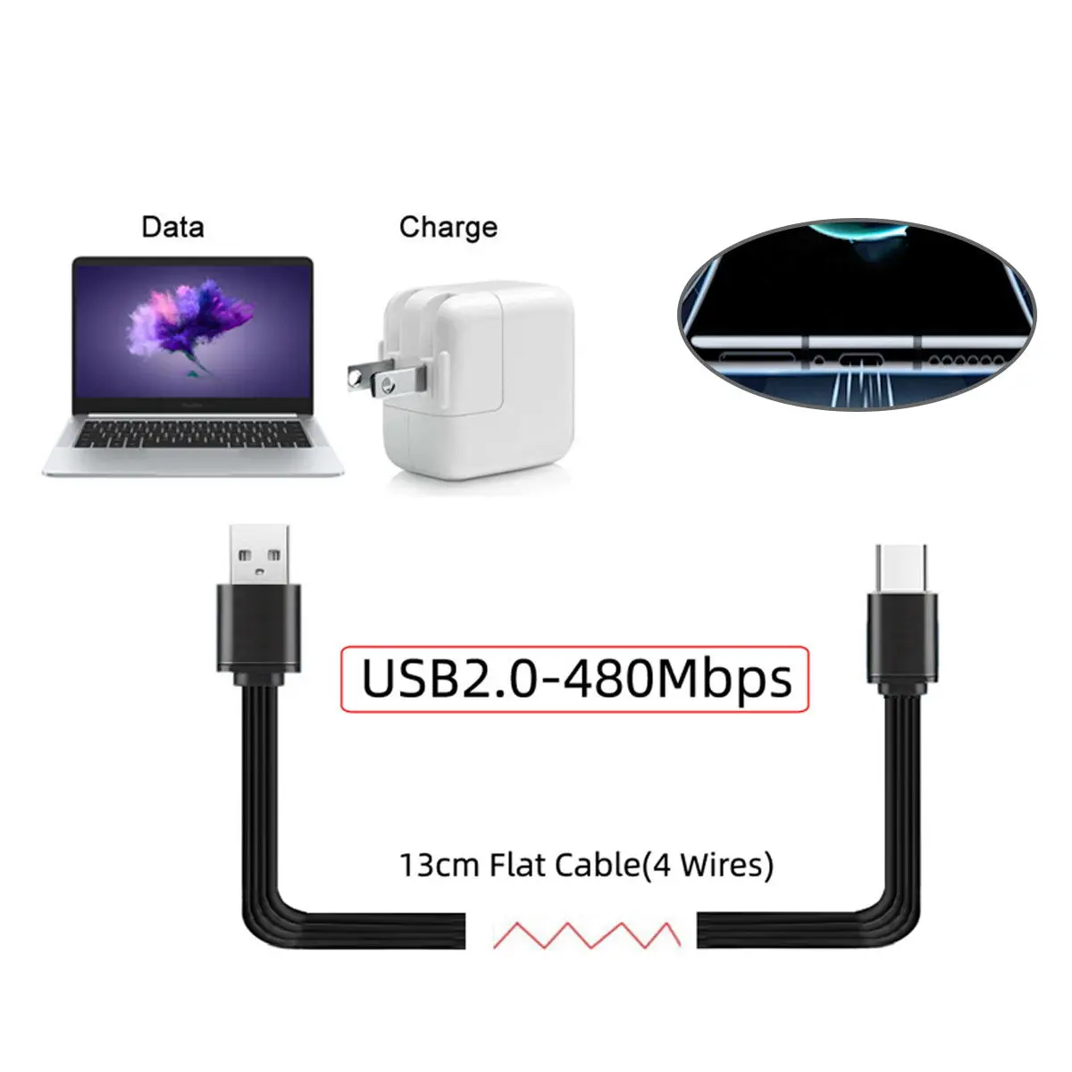 Xiwai USB 2.0 Type-A Male to USB-C Type-C Male Male Data Flat Slim FPC Cable for FPV & Disk & Phone 13cm