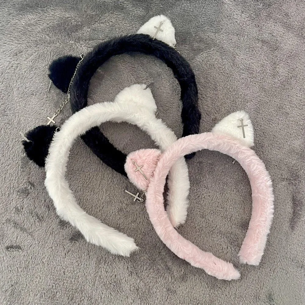 Plush Cat Ear Lolita Headbands Girls Punk Chain Cross Sweet Cool Cute Headdress Furry Hair Bands Hoop  Cosplay Party Headwear