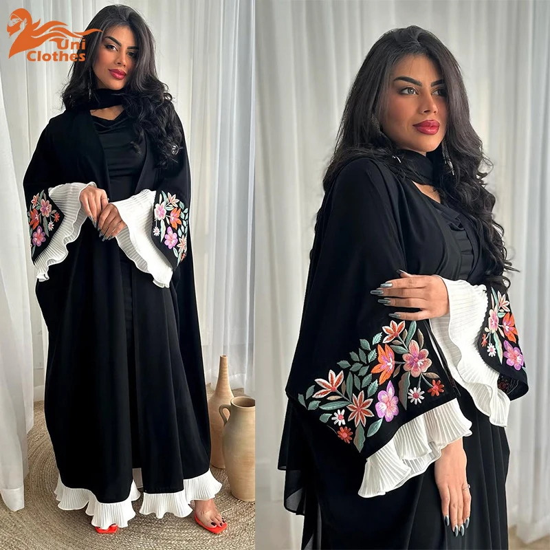 UNI Abaya ผู้หญิงเปิดชุดเย็บปักถักร้อยมุสลิมดูไบ Jalabiya จีบ Abayas Kaftan อาหรับยาว Robe Ramadan 2025 โมร็อกโก ...