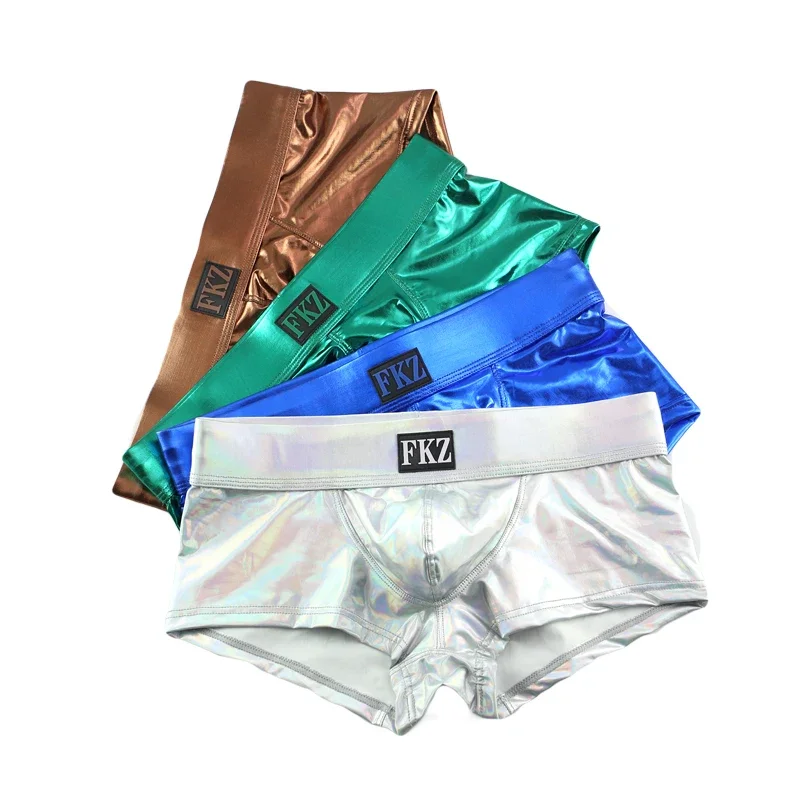 4PCS/Lot Men Boxer Sexy Male Low Rise PU Leather U Bulge Underwear Gay Party Club Boxers Shorts Bikini Underpants Cueca