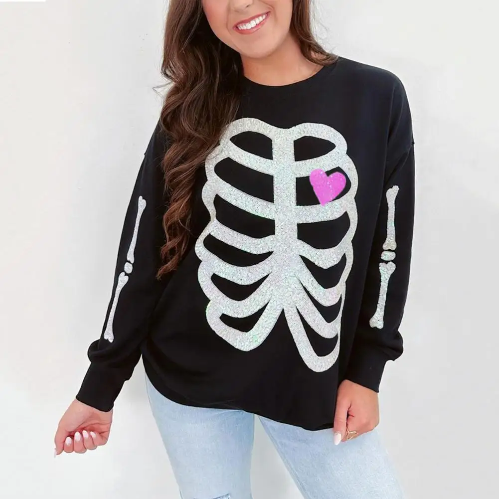 

Women Halloween Sequin Sweatshirt Cute Long Sleeve Halloween Jumper Sequin Skeleton Sweatshirt for Women Stylish Round for Sport