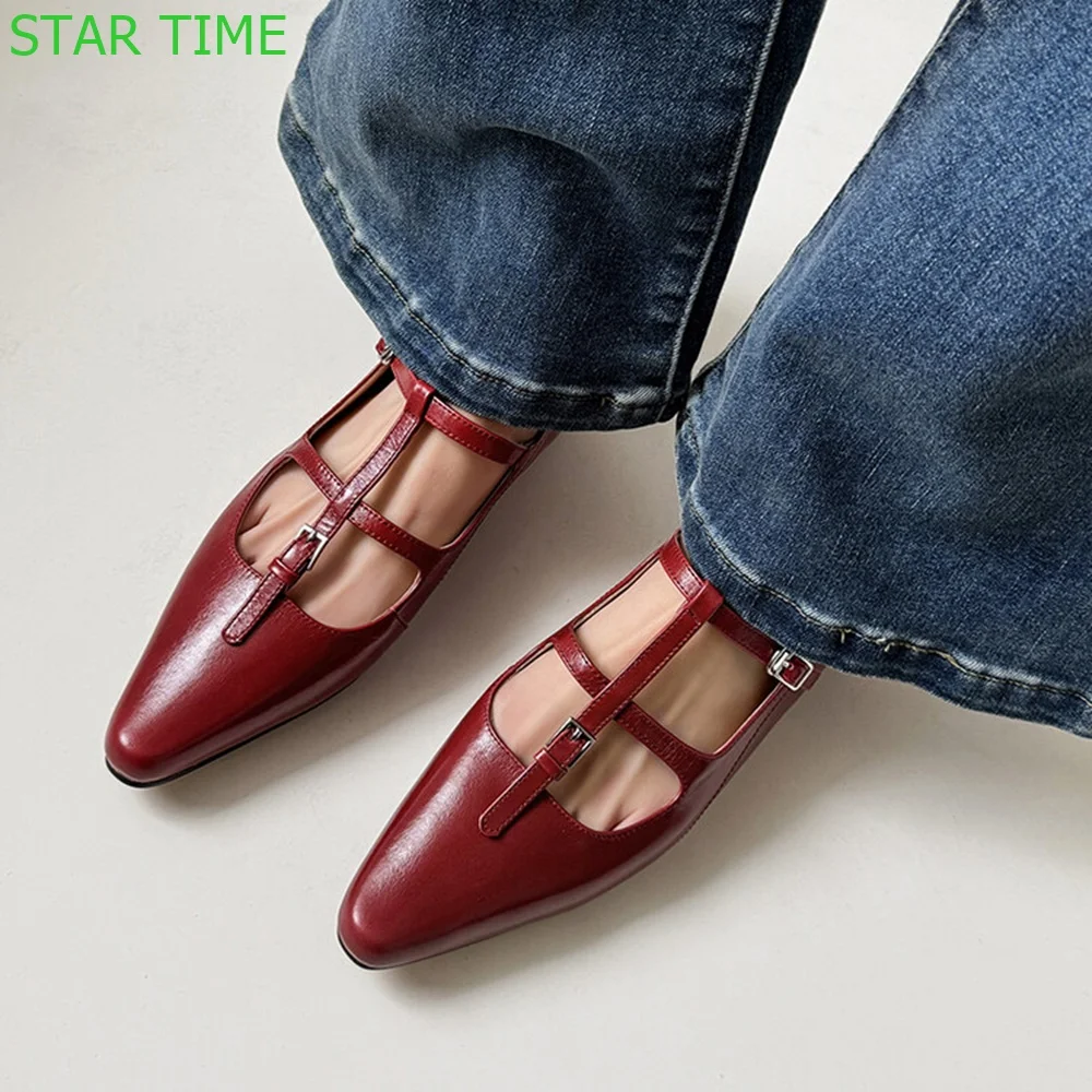 

Ins Style Flat Mary Janes Square Toe T-Strap Buckle 2024 Shallow Casual Pumps Black/red Retro Women Leather Shoes