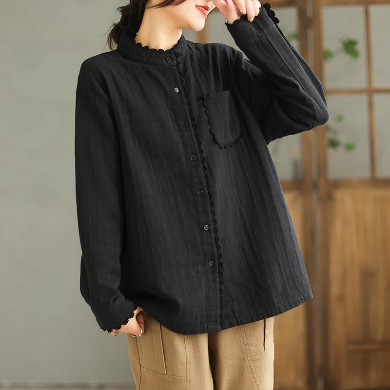 Sweet Lace Cotton Shirt Women's Long Sleeve Turn-down Collar Pure Color Top Fashionable Casual Wear Comfortable Breathable