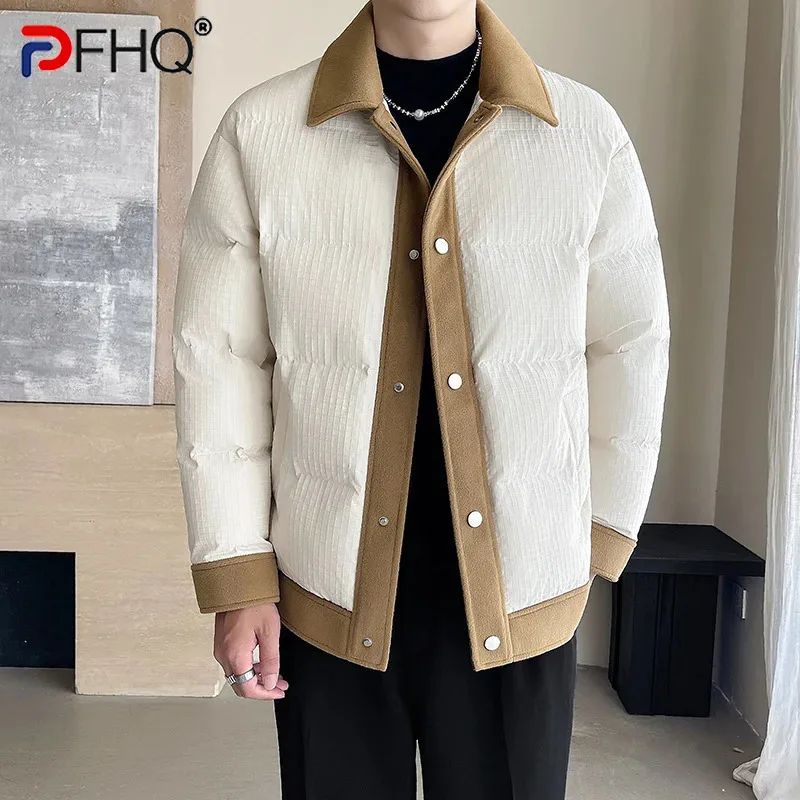 PFHQ Winter Men Cotton Jacket Contrast Color Single Breast Long Sleeve 2024 Patchwork Male Tops Korea Fashionn 21Z7001