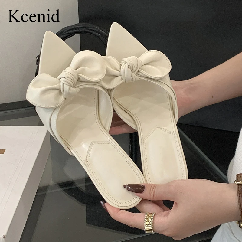 

Kcenid/Новая обувь, женские туфли-лодочки на очень высоком каблуке, шлепанцы для женщин, модная женская обувь на каблуке с острым носком и узлом-бабочкой