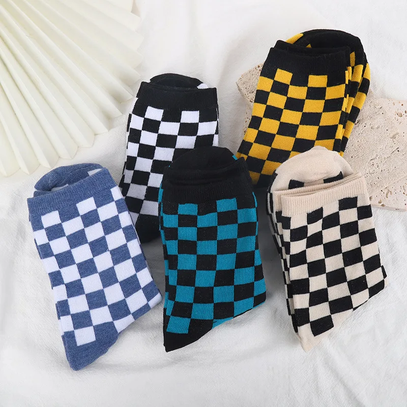 5 Pairs/Set Colourful Checkerboard Unisex Socks Simple Plaid Use For Daily Sports Suit In All Seasons