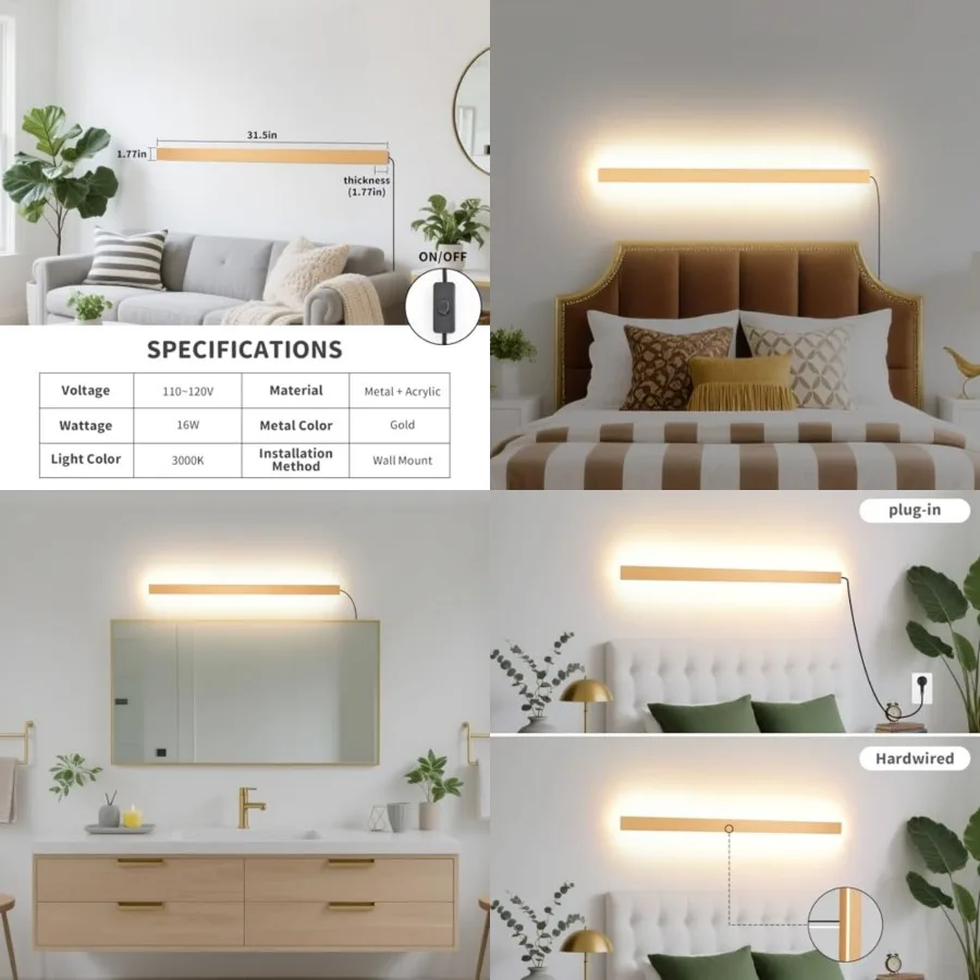 

Modern Plug Wall Lights, Frosted LED Long Wall Sconce, 16W Warm 3000K Acrylic Indoor Wall lamp, with 59" Plug Cable for Bedroom