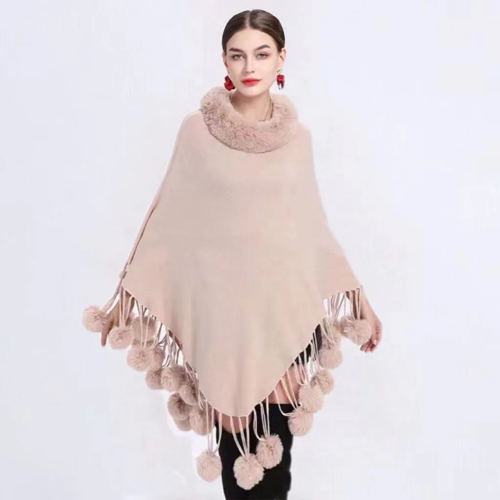 

Autumn winter New Imitation Otter Rabbit Fur Collar Shawl Cape Imitation Rabbit Fur Ball Pullover Knitted Ponchos Capes Cloak 3