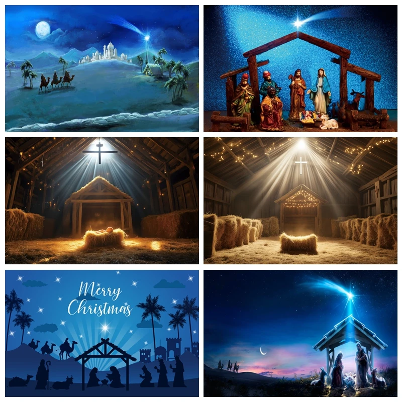 

Birth of Jesus Backdrop Star Night Holy Family Nativity Scene Easter Photo Background Baby Kids Photoshoot Party Decor Props