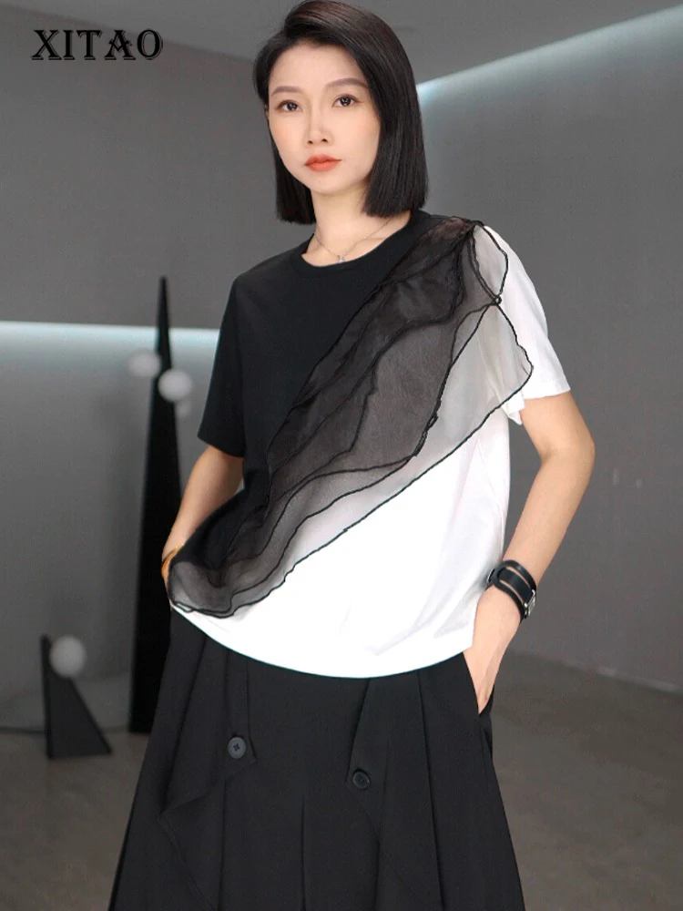 

XITAO Gauze Patchwork Contrast Color T-Shirt O-neck Short Sleeve Loose All-match Personality Summer Woman T-shirt ZMY1265