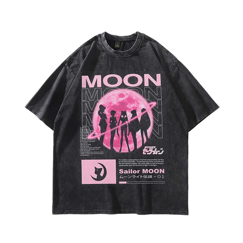 2026 Sommer Y2K Retro Washed Sailor Moon Cosplay Baumwoll-T-Shirt Herren Super Lässiges Baumwoll-Kurzarmshirt Unisex Streetwear-Shirt