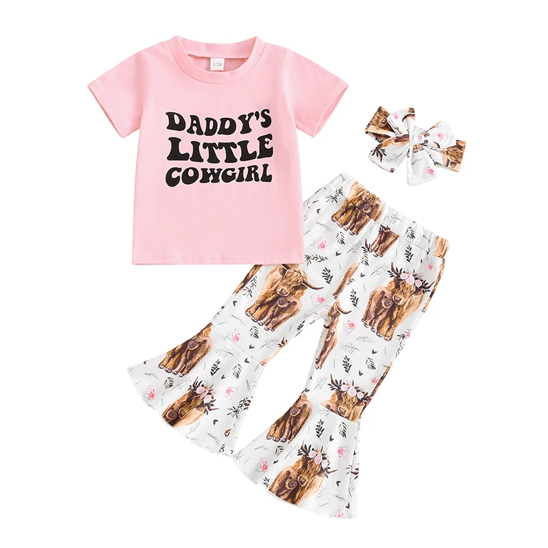 

Girls Summer 3PCS Pants Sets Short Sleeve Letter Print Tops Floral Cattle Print Flared Pants Headband Sets