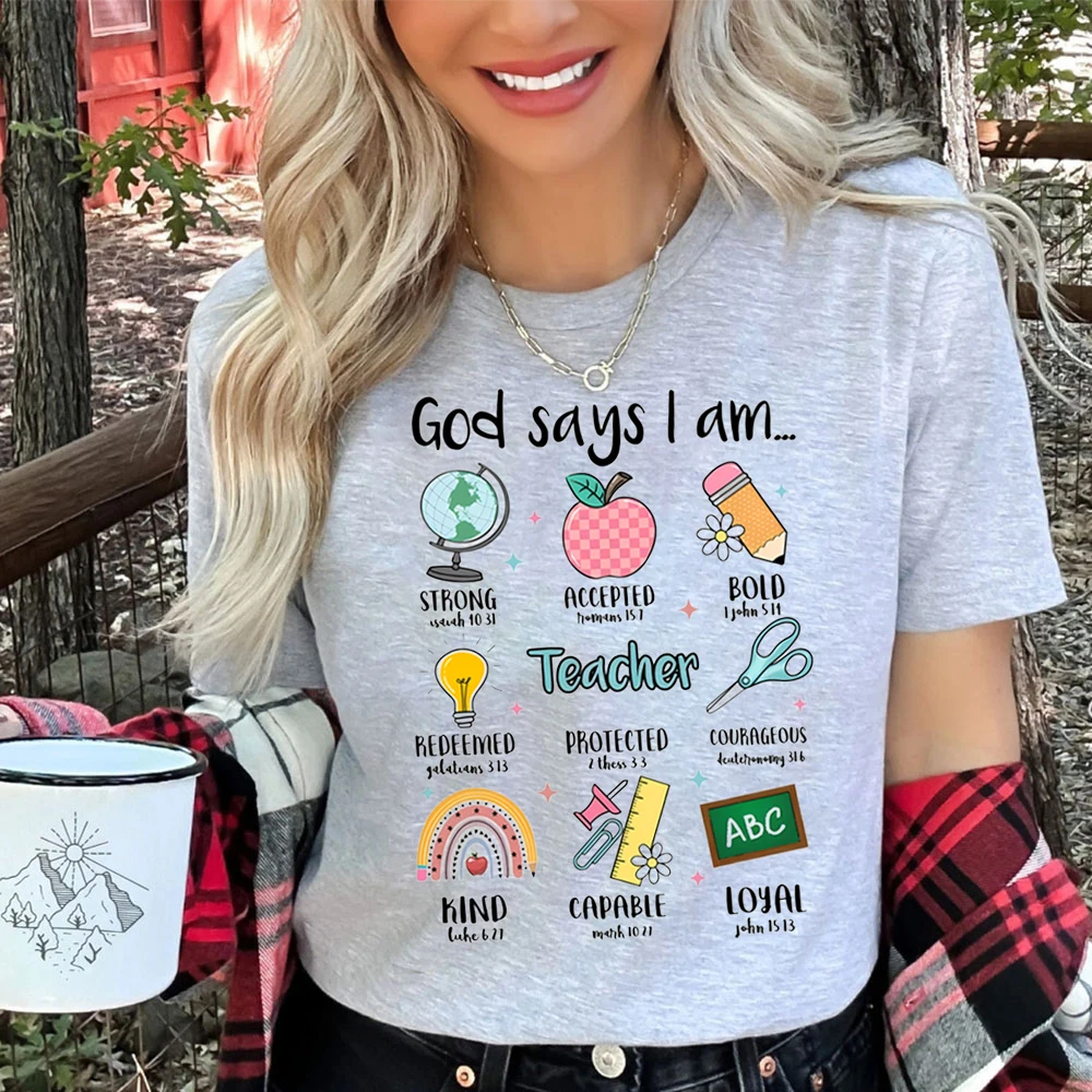 God Says I Am Teacher Tshirt Bible Verse Christian Tee Gift for Teachers Life T-Shirts Women Clothing Birthday Tee It\'s A Lovely