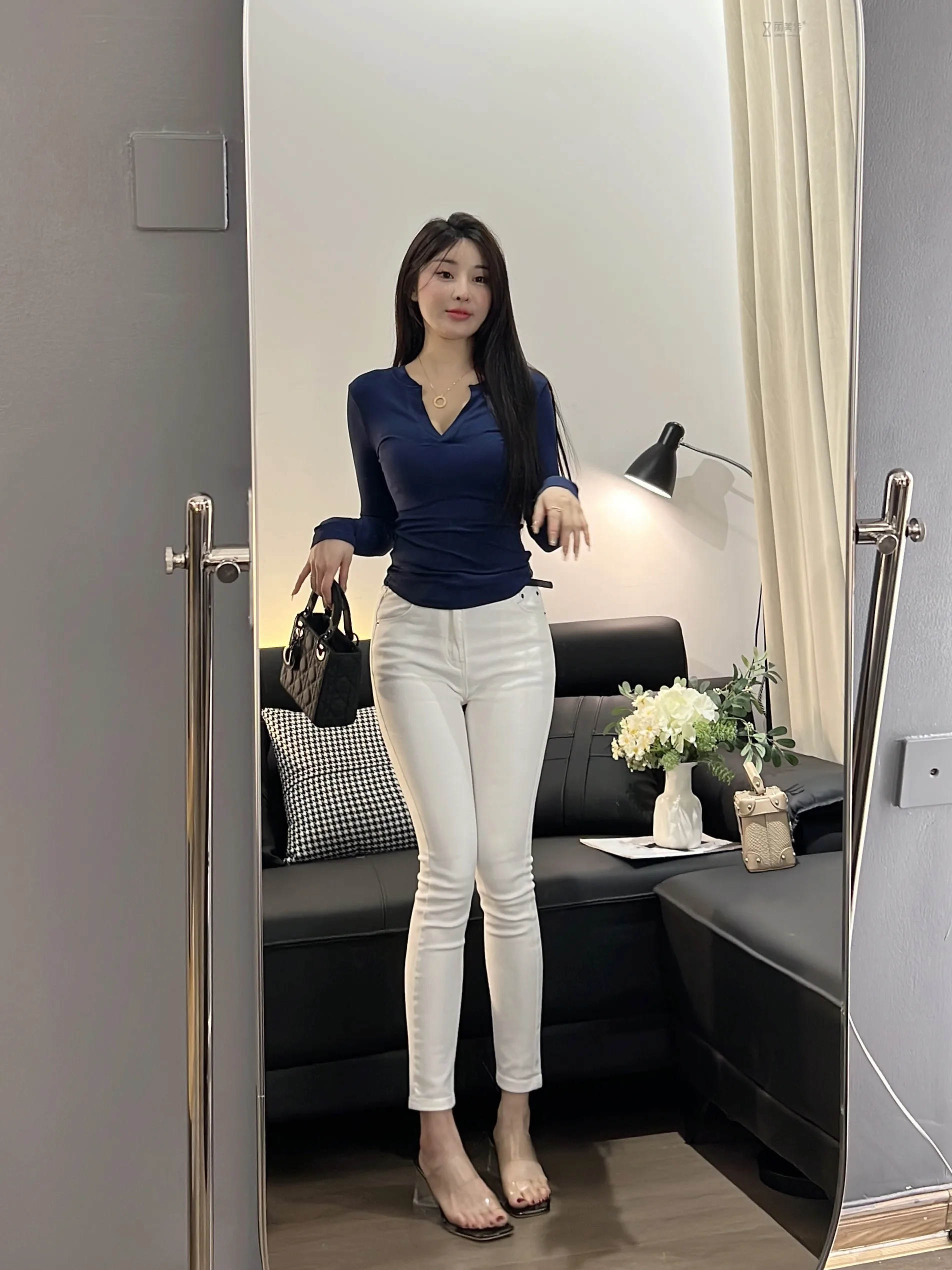 

Классические белые облегающие повседневные хлопковые эластичные джинсовые брюки с высокой талией, женские универсальные девятисекционные брюки против морщин